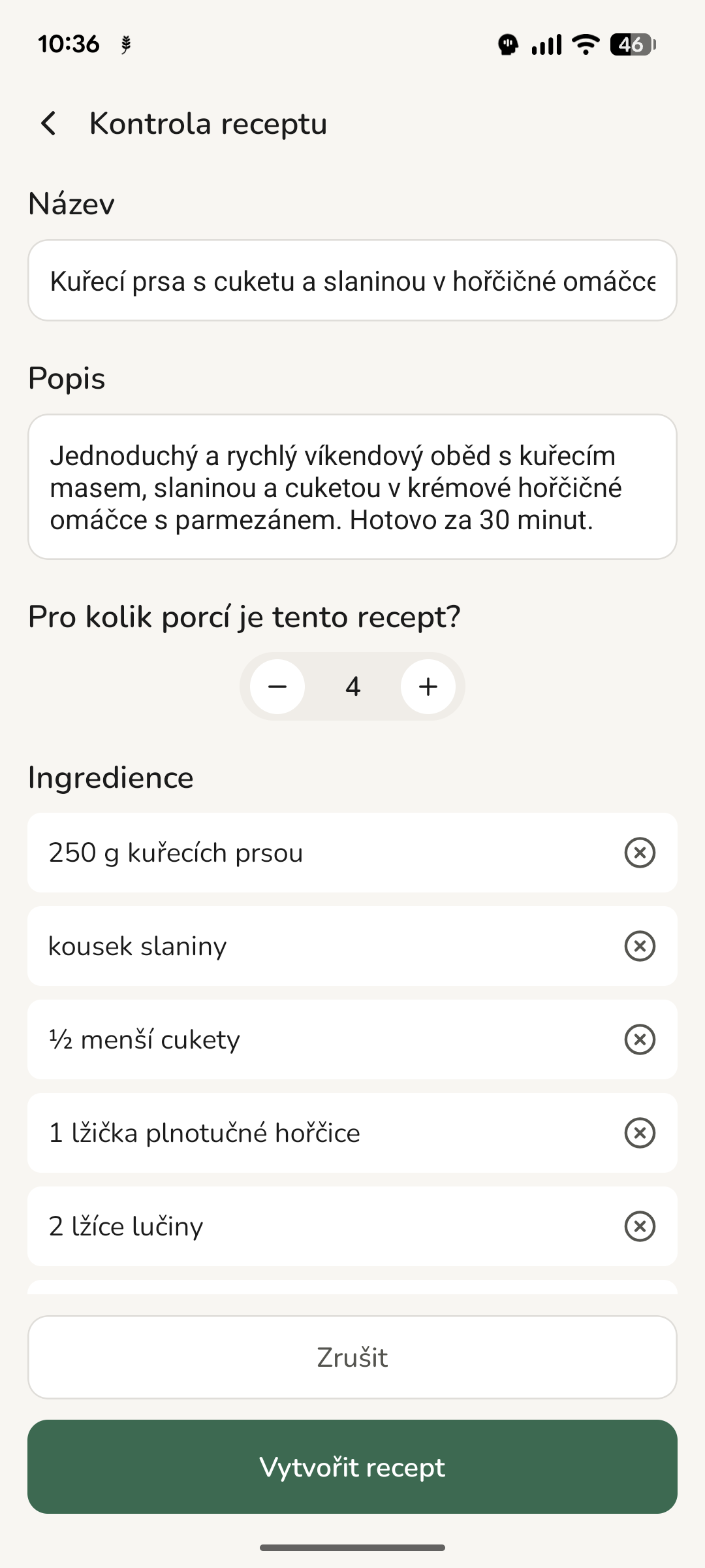 Obrazovka kontroly s přečteným receptem před uložením