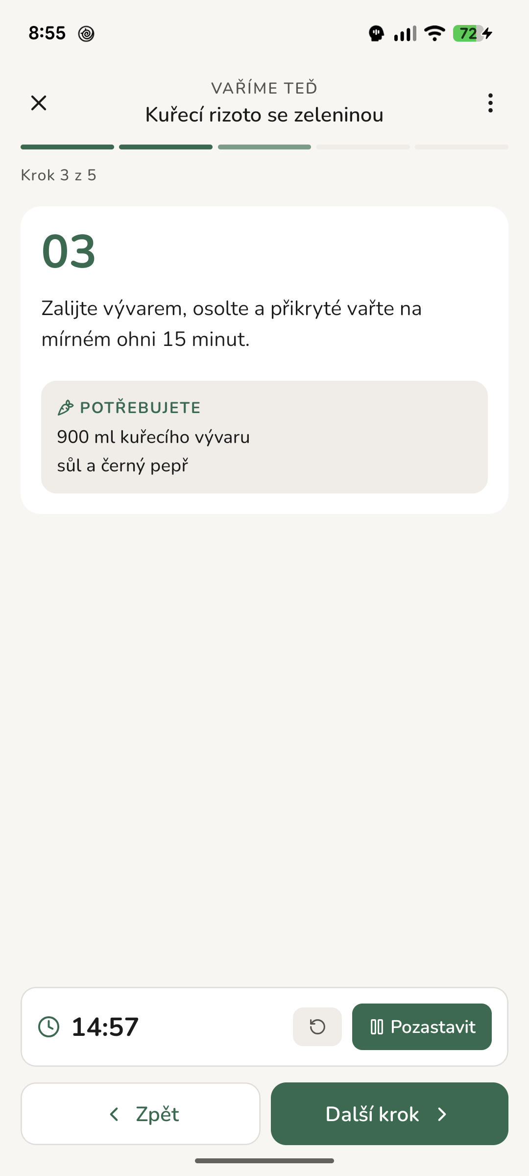 Režim vaření krok za krokem s běžícím časovačem