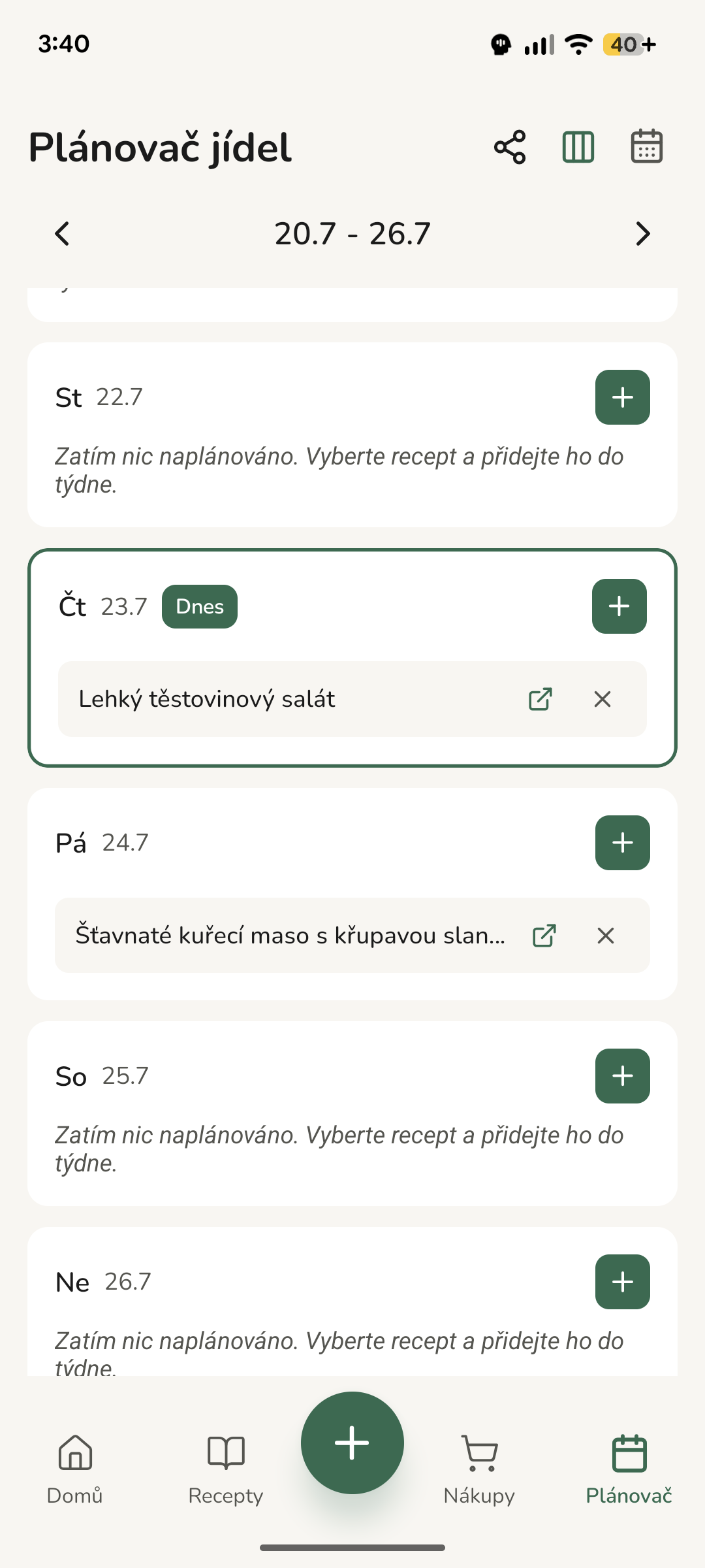 Týden naplánovaných jídel v kalendáři Thymelistu