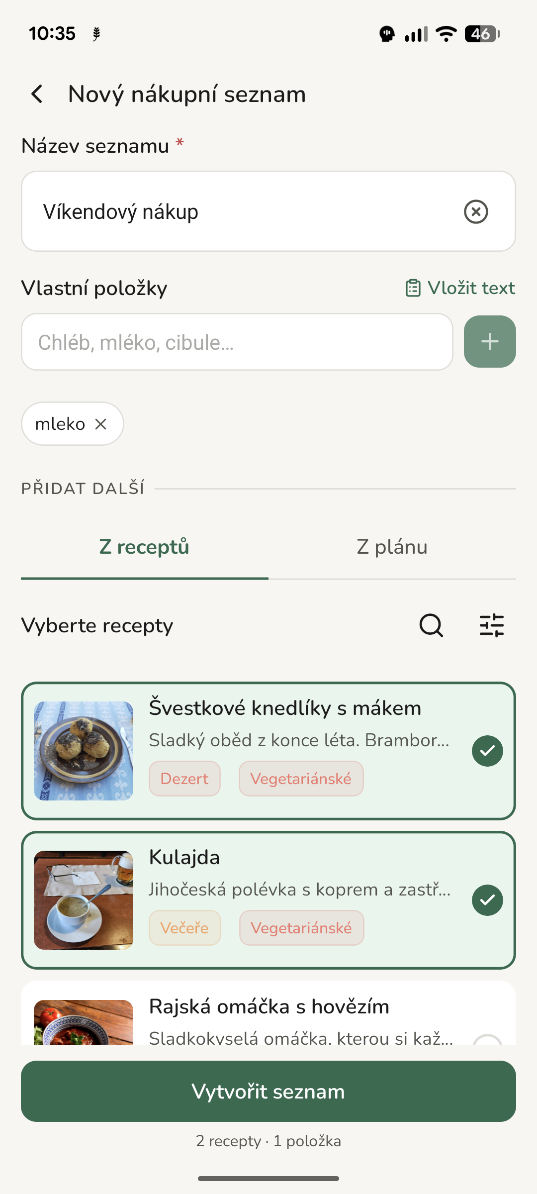 Výběr receptů při sestavování nákupního seznamu