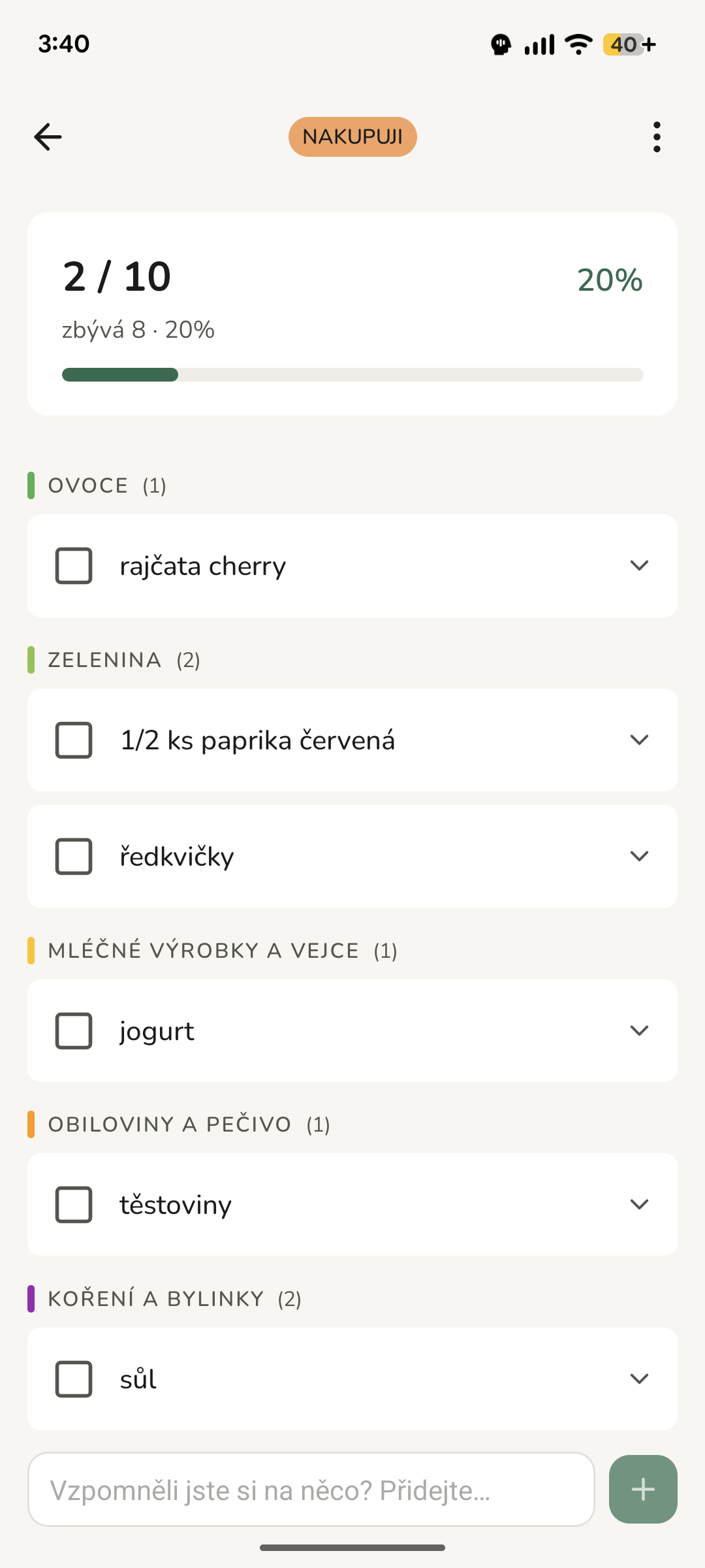 Nákupní seznam podle kategorií s odškrtnutými položkami