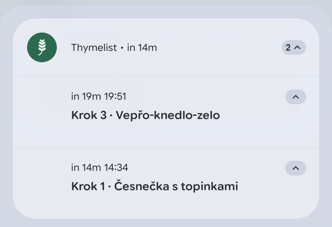 Běžící časovač vaření v liště oznámení telefonu