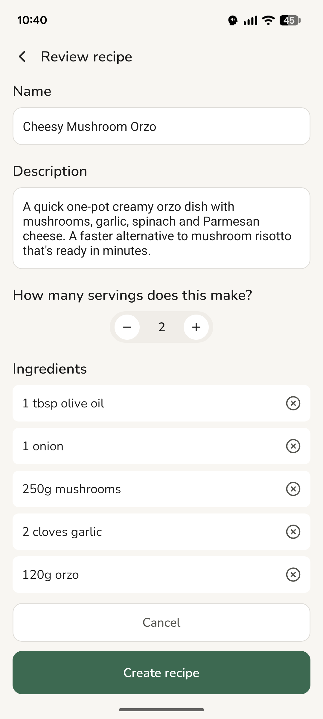 The review screen with a recipe read and ready to save
