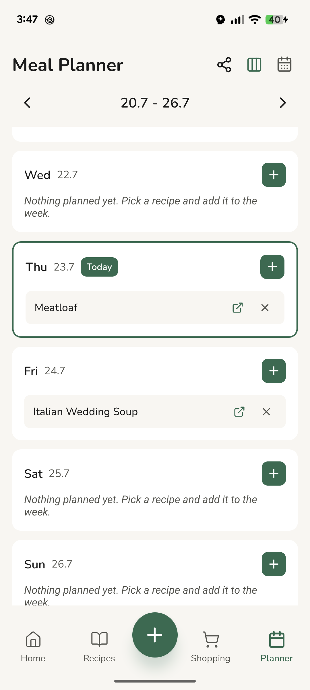 A week of planned meals in the Thymelist calendar