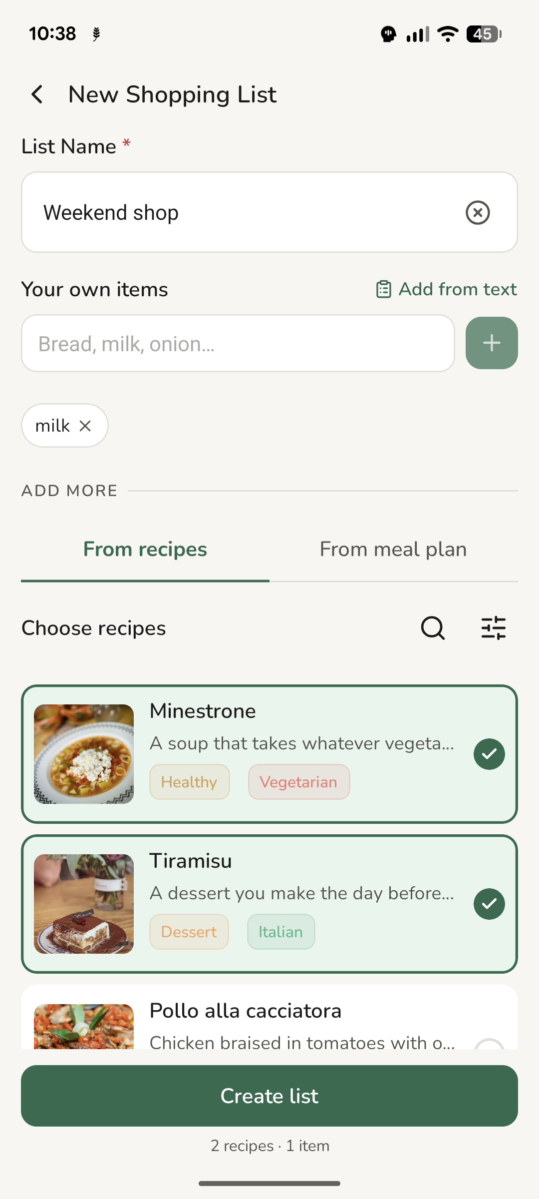 Picking recipes while building a shopping list