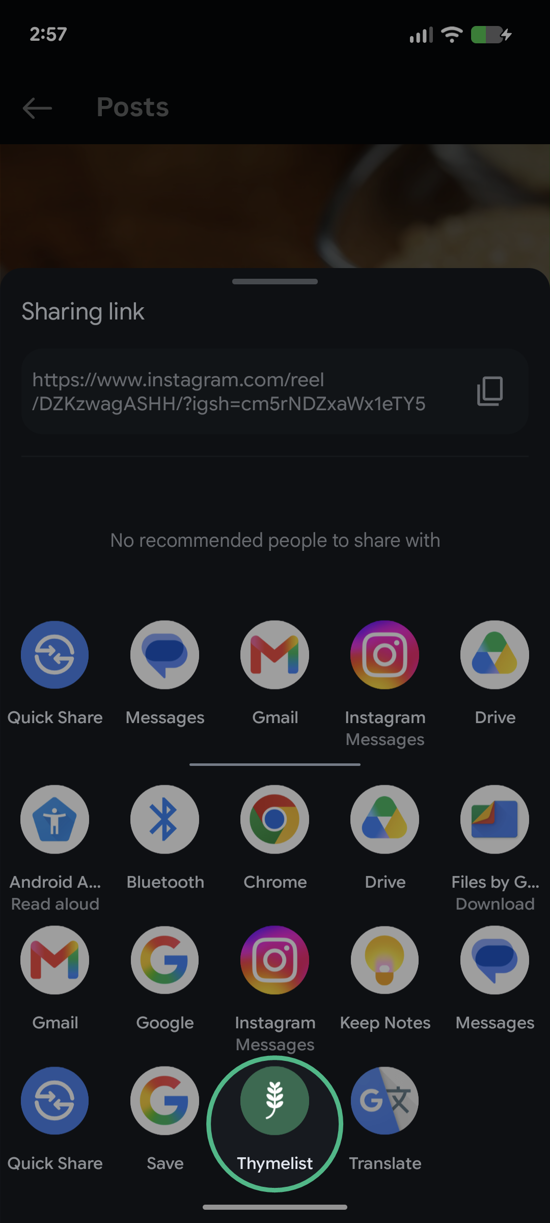 The Android share sheet with Thymelist among the apps