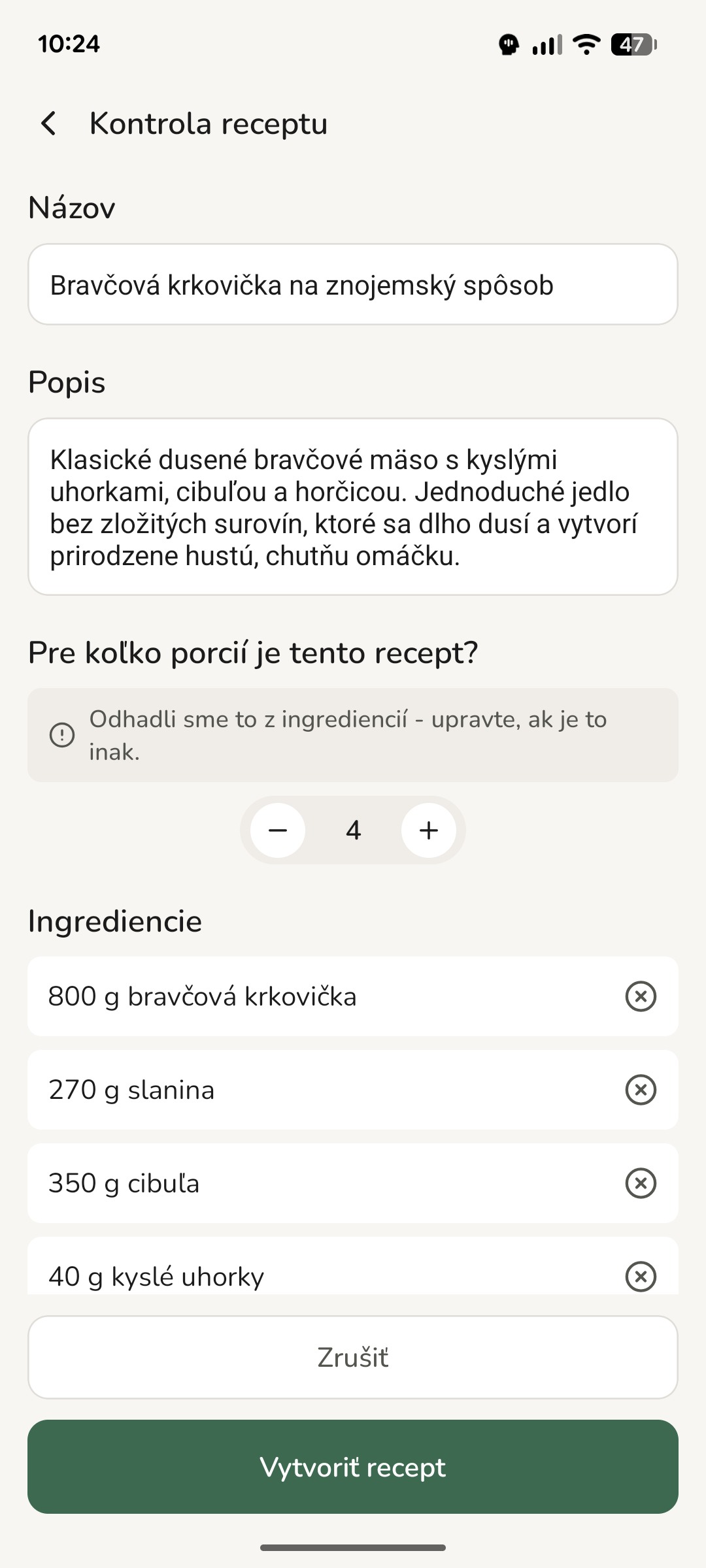 Obrazovka kontroly s prečítaným receptom pred uložením