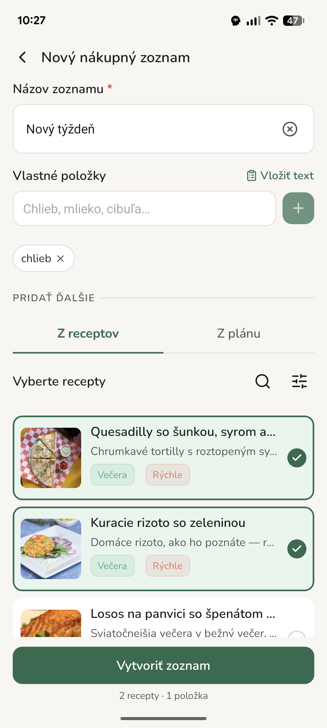 Výber receptov pri zostavovaní nákupného zoznamu