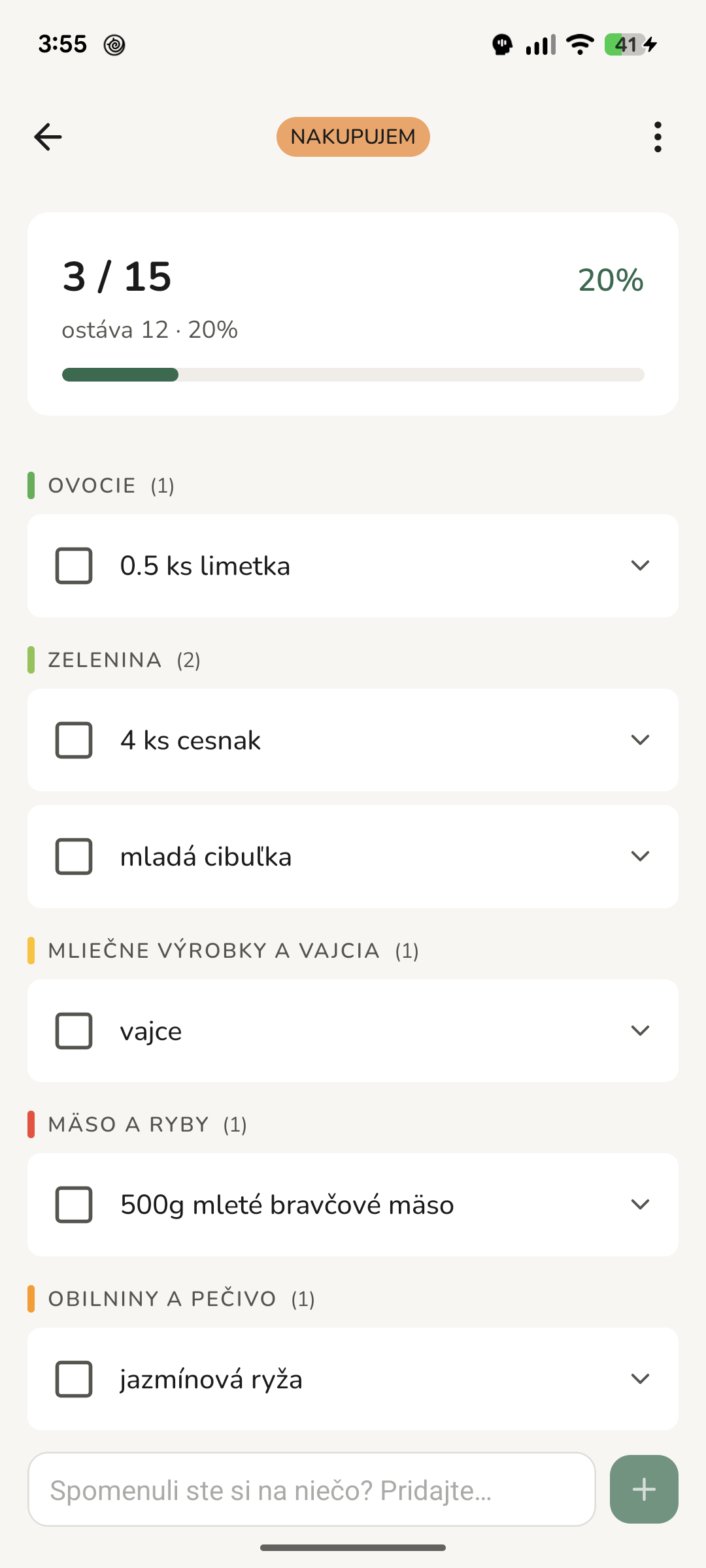 Nákupný zoznam podľa kategórií s odškrtnutými položkami