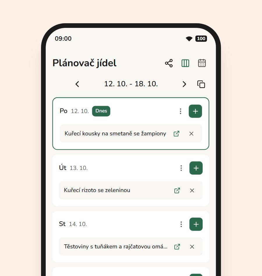 Týden naplánovaných jídel v kalendáři Thymelistu