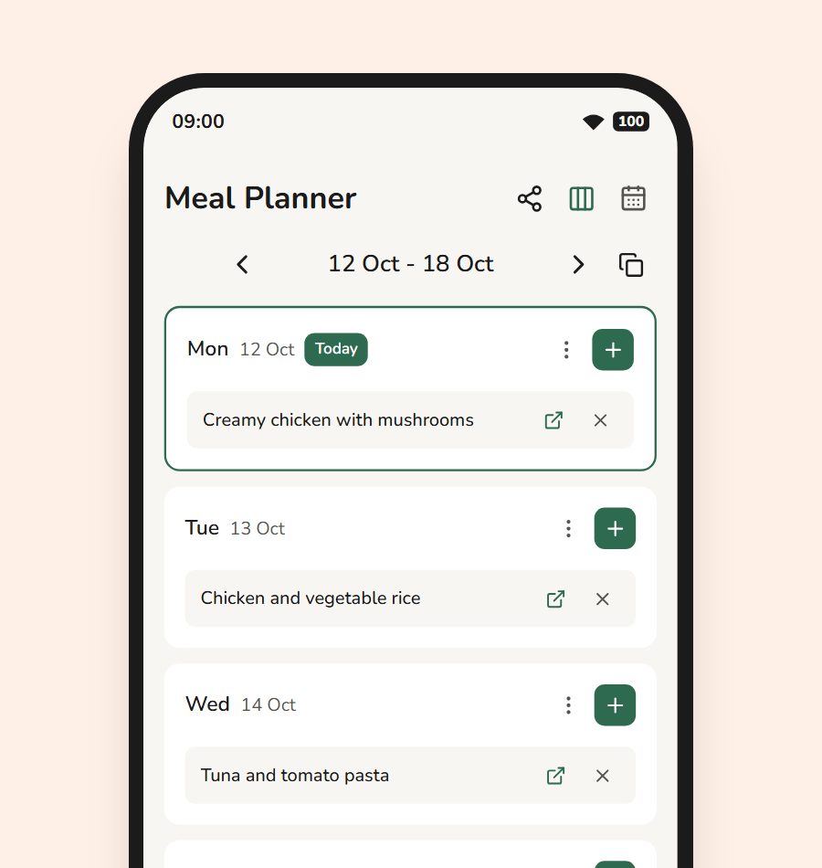 A week of planned meals in the Thymelist calendar