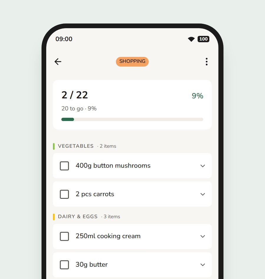 A categorized shopping list with some items checked off